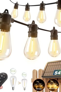 addlon 54FT(48+6) Solar String Lights Outdoor Waterproof with USB Charging & Remote Control - Dimmable Solar Power Patio Lights with LED Bulbs for Porch, Garden, Yard, Market, Bistro - Last for 20+Hrs