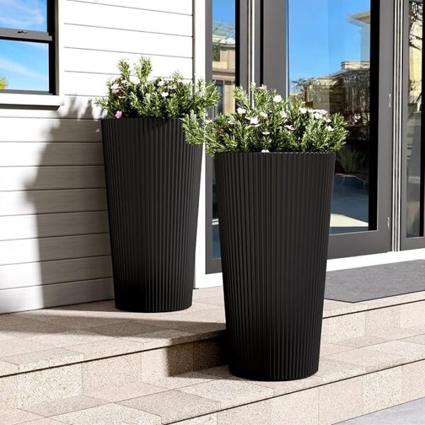 23.6" Tall Planter for Outdoor Plants Set of 2 Large Outdoor Plastic Striped Flower Pots, Front Porch Furniture, Garden Pots, Decorative Planters for Indoor/Outdoor, Patio, Balcony, Black